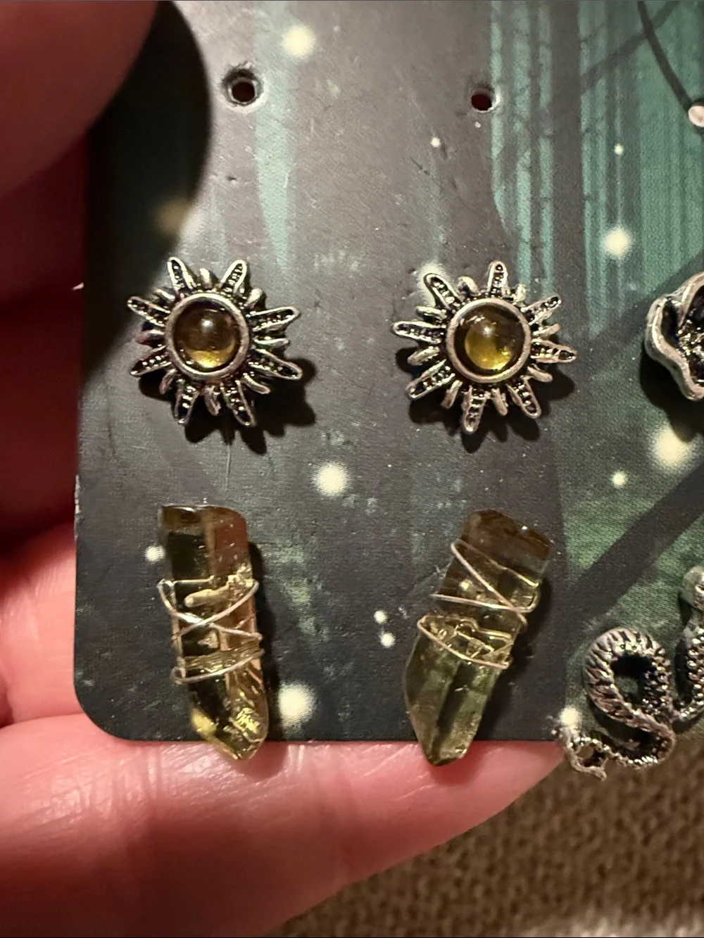 Thorn & Fable Silver Tone Earring Set with Olive Accents 5 pair